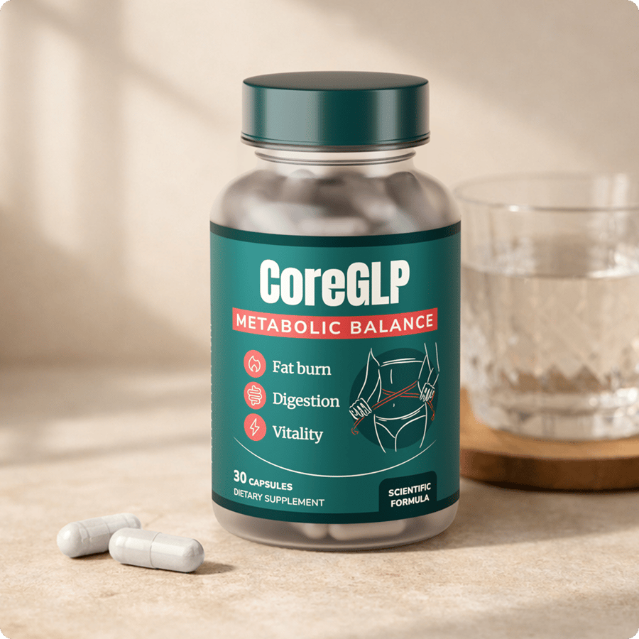 CoreGLP Metabolic Balance Flasche mit Kapseln auf hellem Hintergrund